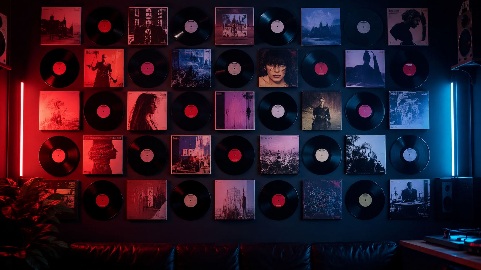 Muur met platen en albumcovers